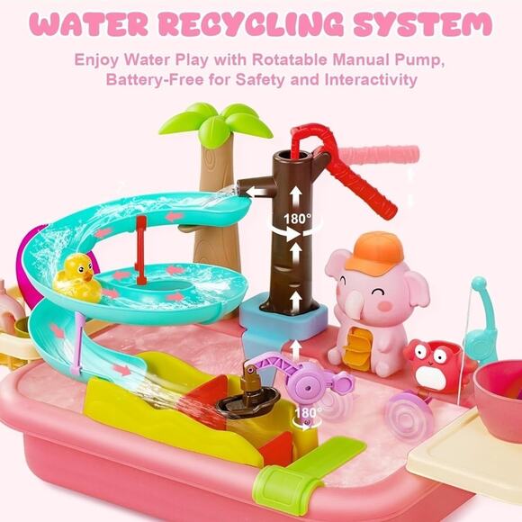 Kids Play Sink with Running Water, 4-in-1 Water Table Toy with Slide Track, Pink - Picture 4 of 5